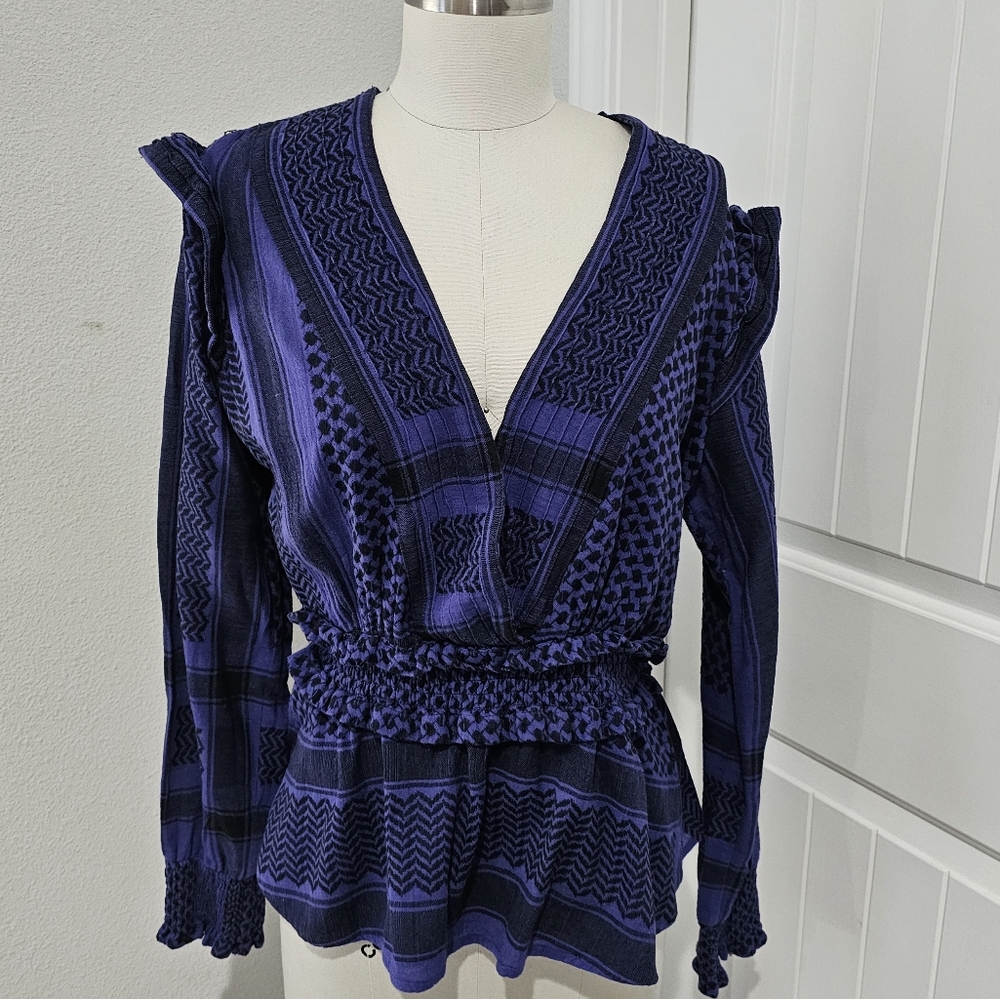 Cecilie Copenhagen Indigo Cotton Long Sleeve Keffiyeh Pattern Blouse Medium